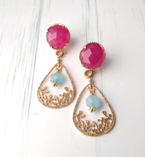 Pink Agate Stud with Blue Chalcedony Filigree Frame Brass Stud Earrings