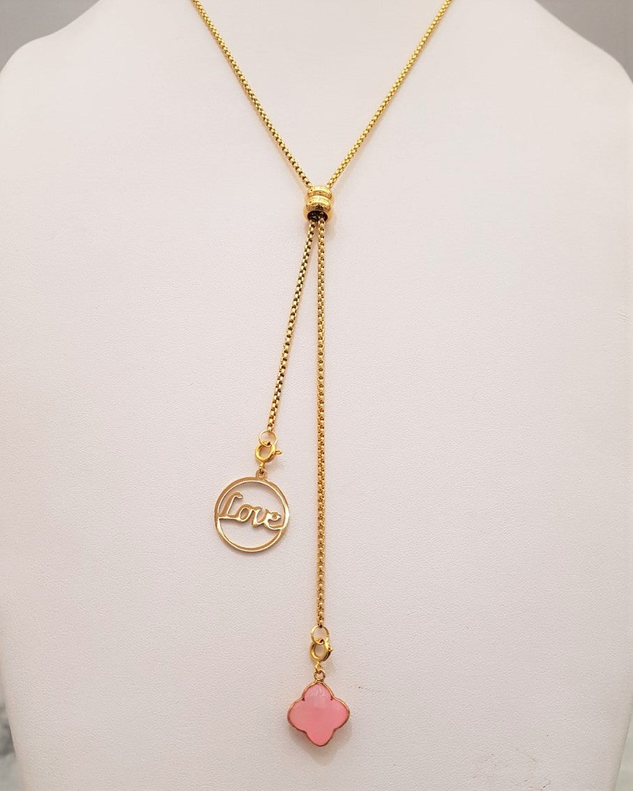 Pink Agate Clover with Love Affirmation Slider Necklace