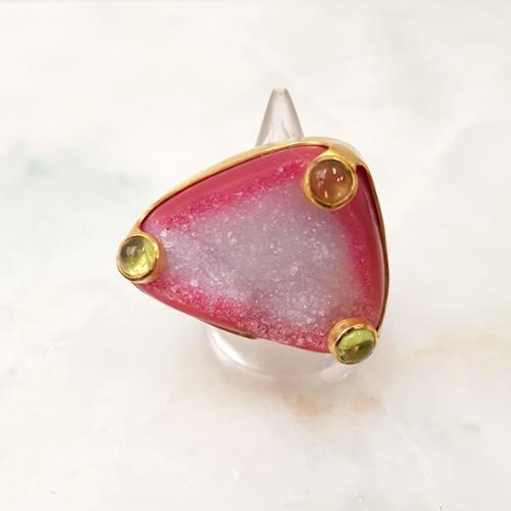 Pink Druzy Agate with Peridot Cocktail Ring