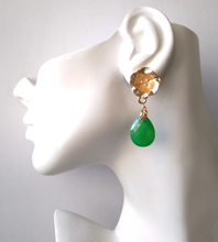 3 Pistil with Green Jade Brass Stud Earrings