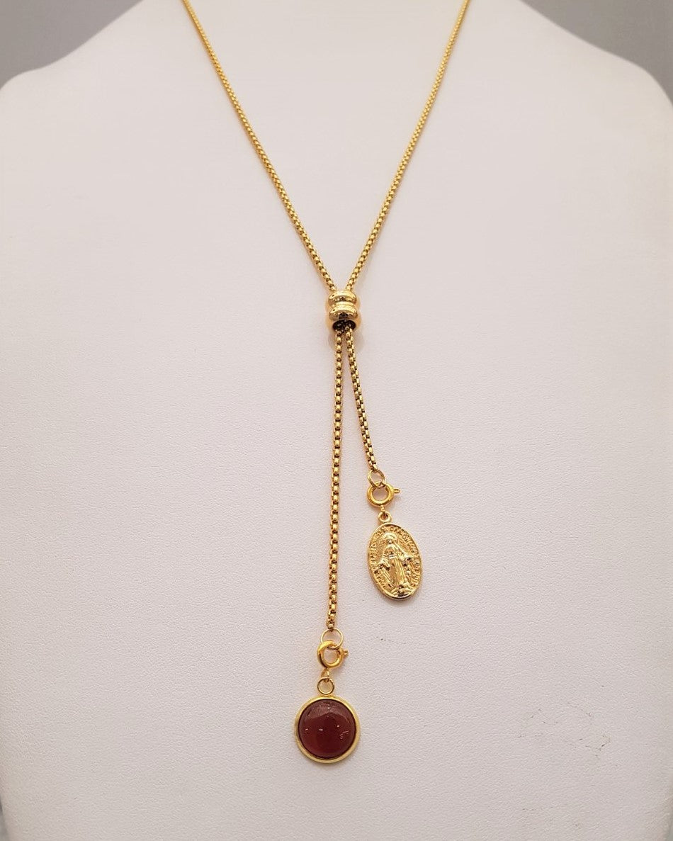 Red Carnelian and Miraculous Medal Affirmation Slider Necklace 2 Tone