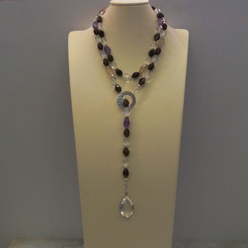 Rock Crystal, Smokey Quartz, Amethyst & Citrine Lariat Necklace with Rock Crystal Pendant