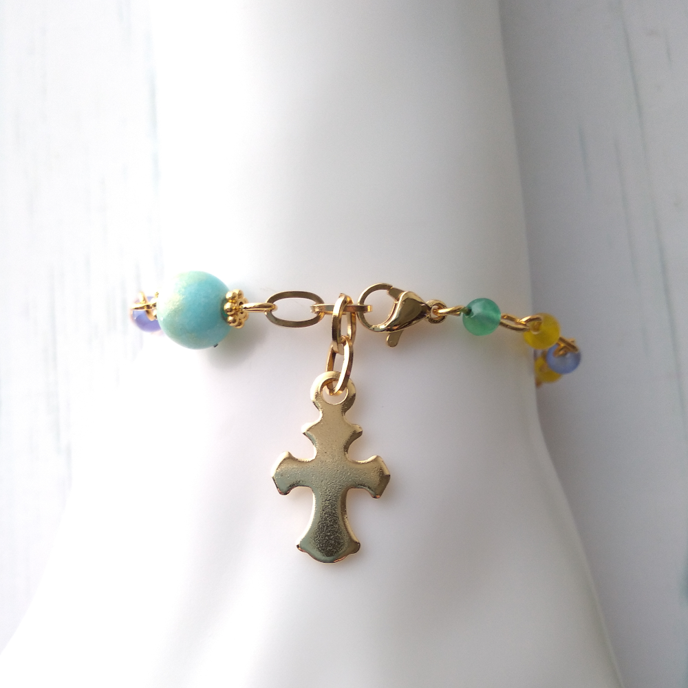 Gemstone Rosary Bracelet with Amazonite bead & Metal Cross
