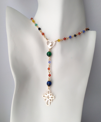 Gemstone Rosary with Metal Cross Necklace