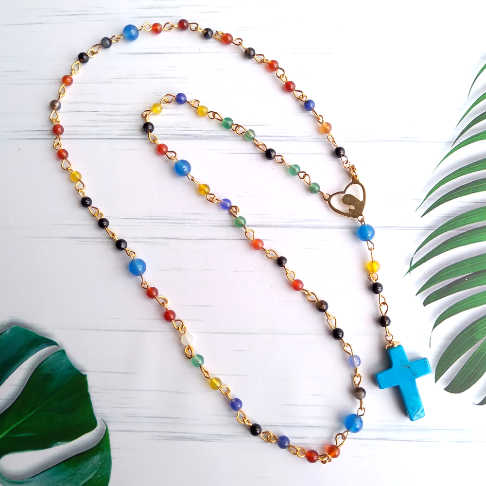 Gemstone Rosary with Turquoise Cross Necklace