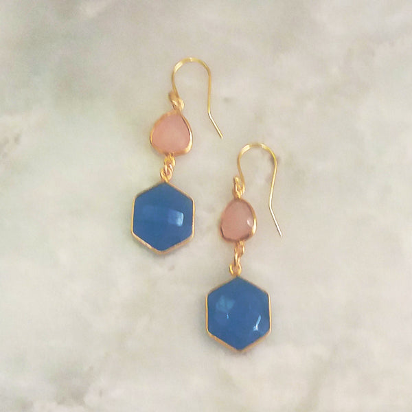 Rose Quartz and Blue Agate Double Drop Earrings