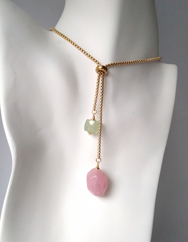 Rose Quartz & Prehnite Nugget Slider Necklace