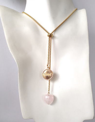Rose Quartz Heart with Good Charm Affirmation Slider Necklace