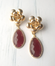 Textured Rose Stud with Haloed Wine Red Agate Earrings