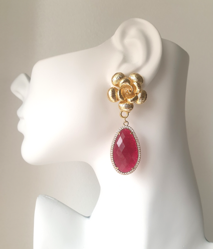Textured Rose Stud with Haloed Wine Red Agate Earrings