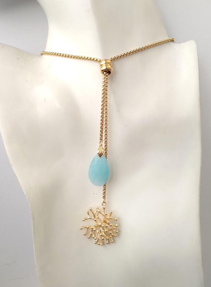 Seafoam Chalcedony with Branch Coral Slider Necklace