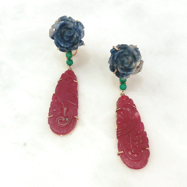 Sodalite Stud with Green Agate & Carved Red Jade Twinset Earrings