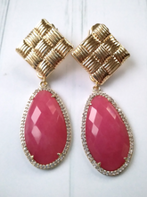 Square Banig Studs with Pink Jade Dangles