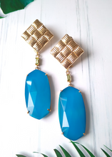 Square Banig Studs with White Topaz and Blue Jade Dangles