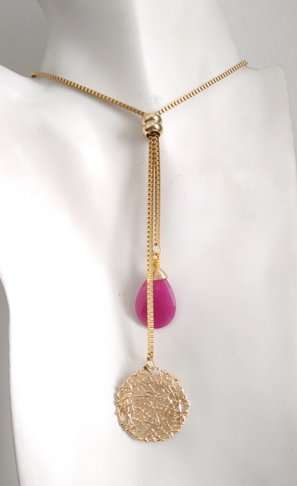 Sinamay with Teardrop Pink Jade Slider Necklace