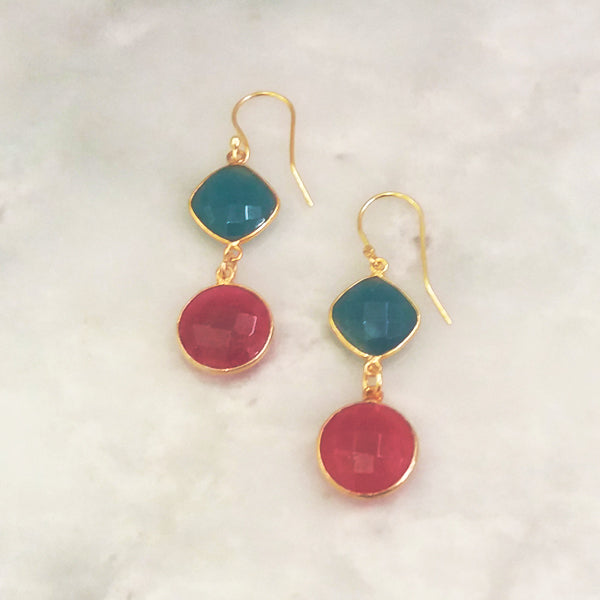 Teal Blue Agate and Ruby Double Drop Earrings