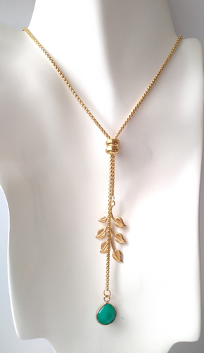 Teal Jade with Leaf Branch Charm Affirmation Slider Necklace