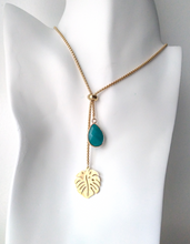 Monstera Charm with Teal Jade Slider Necklace