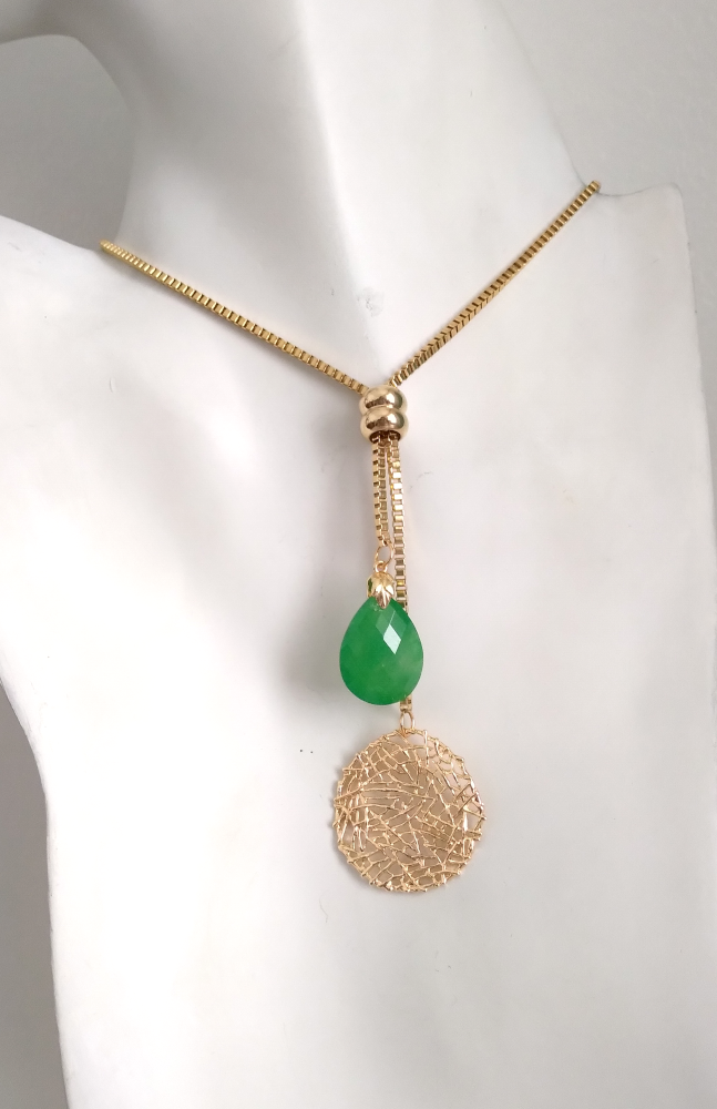 Sinamay with Teardrop Green Jade Slider Necklace