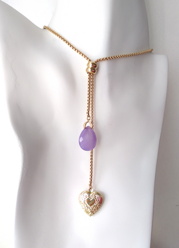 Teardrop Lavander Jade with Engraved Heart Locket Slider Necklace