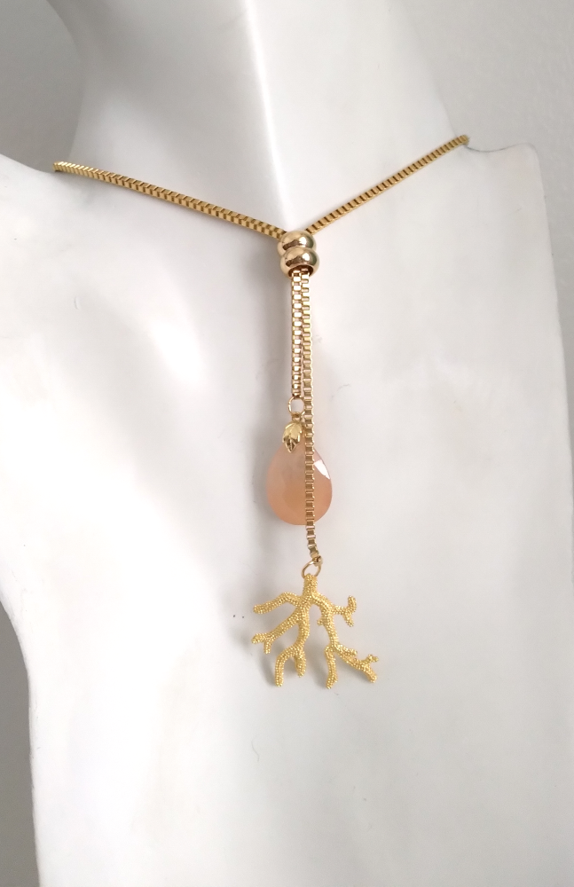 Teardrop Peach Jade with Branch Coral Slider Necklace