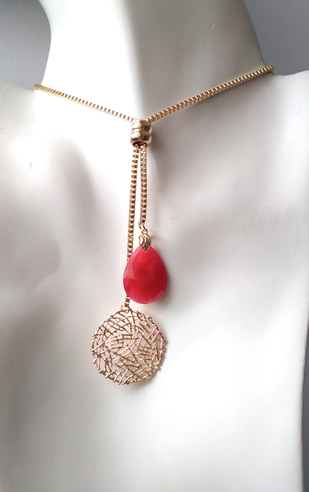 Sinamay with Teardrop Red Jade Slider Necklace