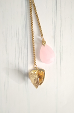 Teardrop Rose Quartz with Engraved Heart Locket Slider Necklace