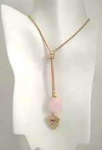 Teardrop Rose Quartz with Engraved Heart Locket Slider Necklace