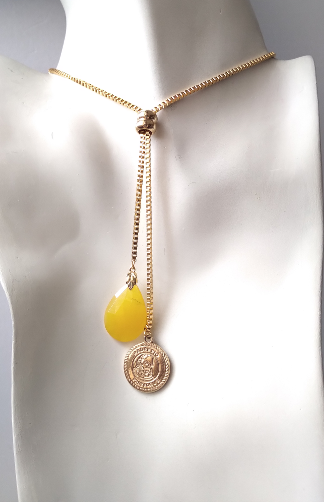 Teardrop Yellow Jade with Saint Benedict Medal Slider Necklace