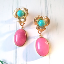 Textured Petal Studs with Turquoise & Pink Jade Drops