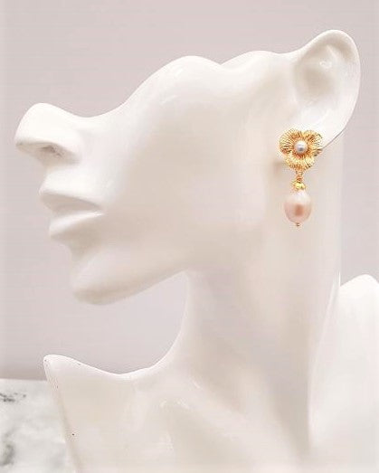 Textured Petals with Pearls Brass Stud Earrings
