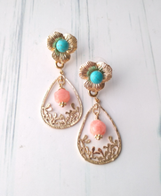 Textured Petal Turquoise Brass Studs with Peach Jade Detachable Dangles