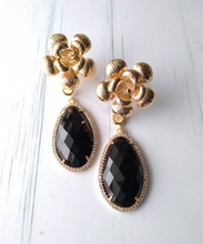 Textured Rose Studs with Haloed Black Agate Dangles