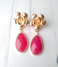 Textured Rose Stud with Haloed Hot Pink Jade Earrings