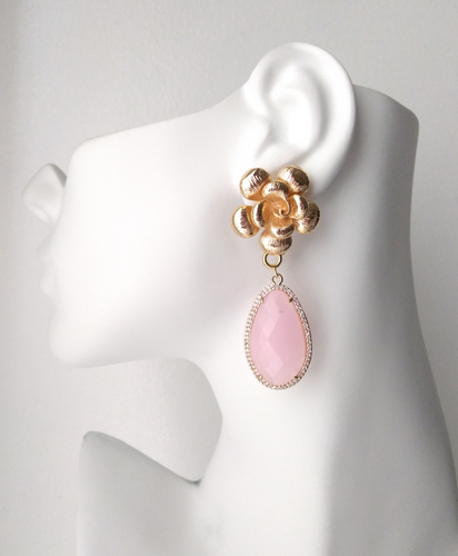 Textured Rose Studs with Haloed Pink Chalcedony Detachable Dangles