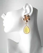 Textured Rose Studs with Haloed Canary Yellow Quartz Detachable Dangles