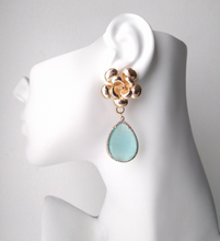 Textured Rose Stud with Detachable Haloed Seafoam Green Chalcedony Earrings
