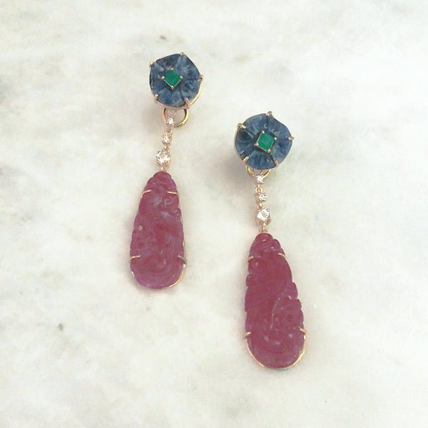 Lapiz lazuli Flower & Green Agate Stud with White Topaz & Carved Red Jade Twinset Earrings